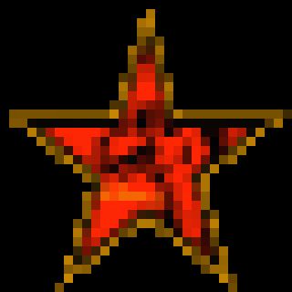 very pixelated image of a red star with gold edge and a blurry dinosaur in the middle if you squint at it. it was upsized from the original 32x32 image.
