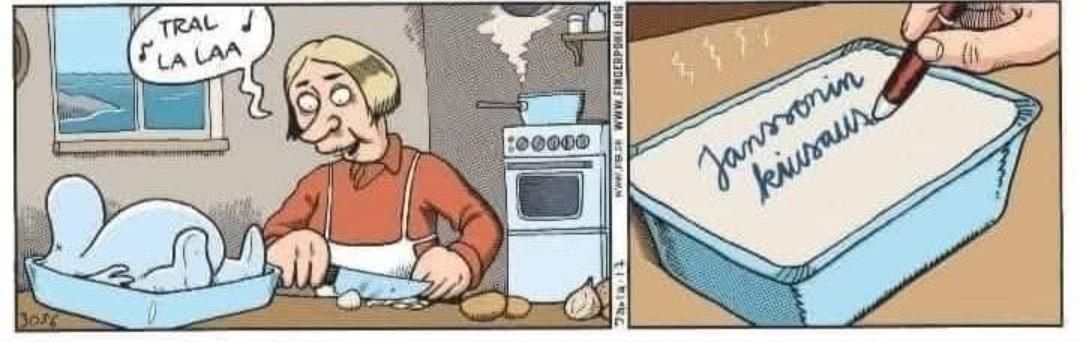 Fingerpori.
muumi makaa uunikulhossa ja nainen pilkkoo kasviksia sekaan.
ruoka saa nimen Janssonin kiusaus.