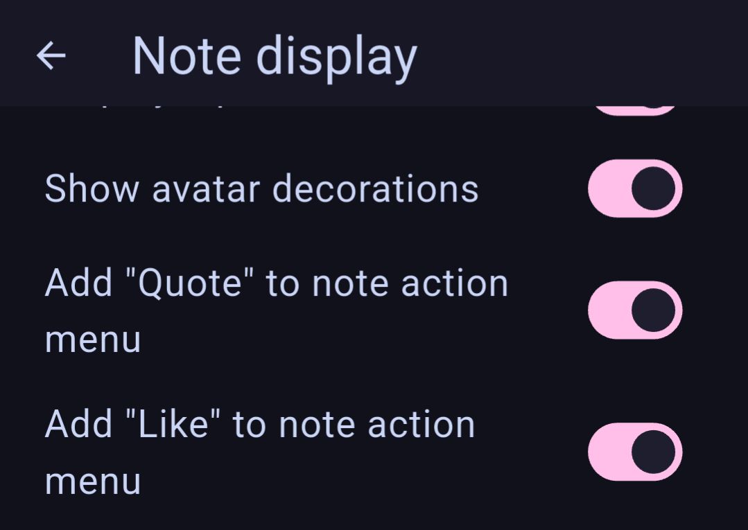 Screenshot of Aria (a Misskey/Sharkey Client) in the "Note Display" Section of the settings. The setting "Add 'Like' to Note Action Menu" is enabled