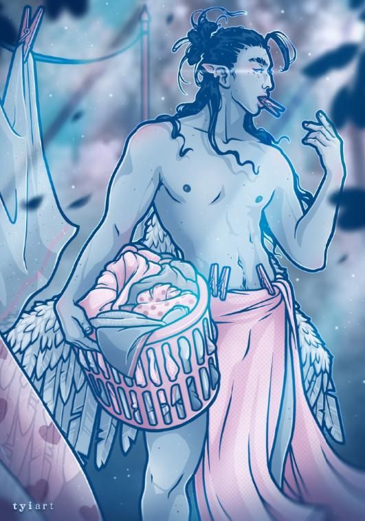 Digital drawing of my male OC Isaiah with feathery angel wings attached to his back while he is carrying a laundry basket and leaning it on his thigh, looking to the side distracted by something with a laundry peg in his mouth.