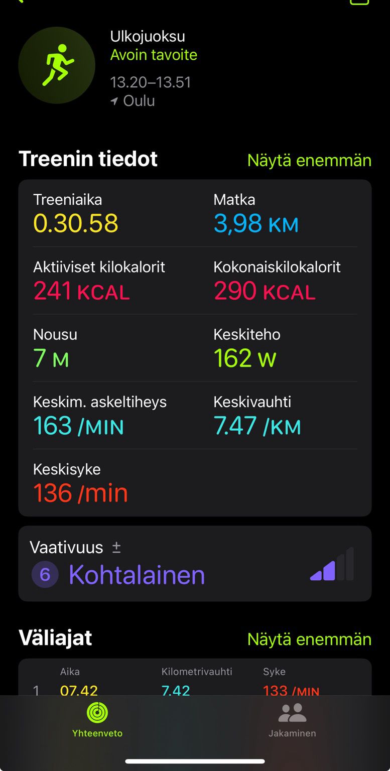 Juoksulenkin tiedot. 3,9 km 7.47/km vauhti