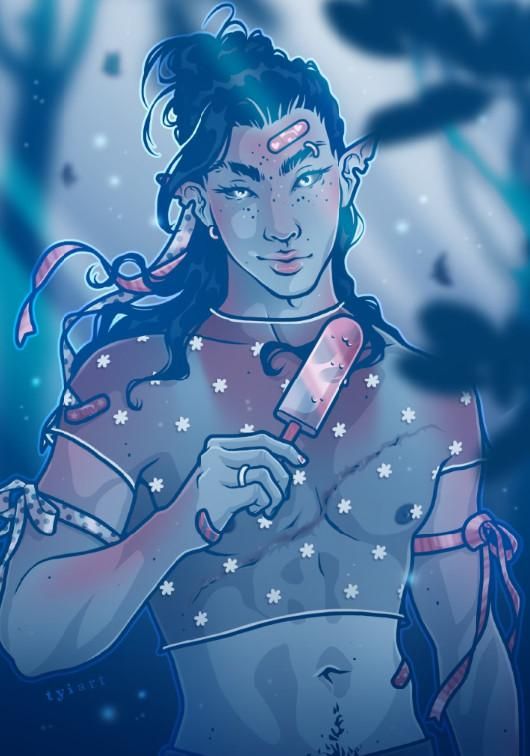 Digital drawing of a male with long hair decorated with colorful ribbons, holding up a popsicle to his face while he looks at the viewer, sun-burnt chest with a large scar through on his skin under a transparent crop-top.