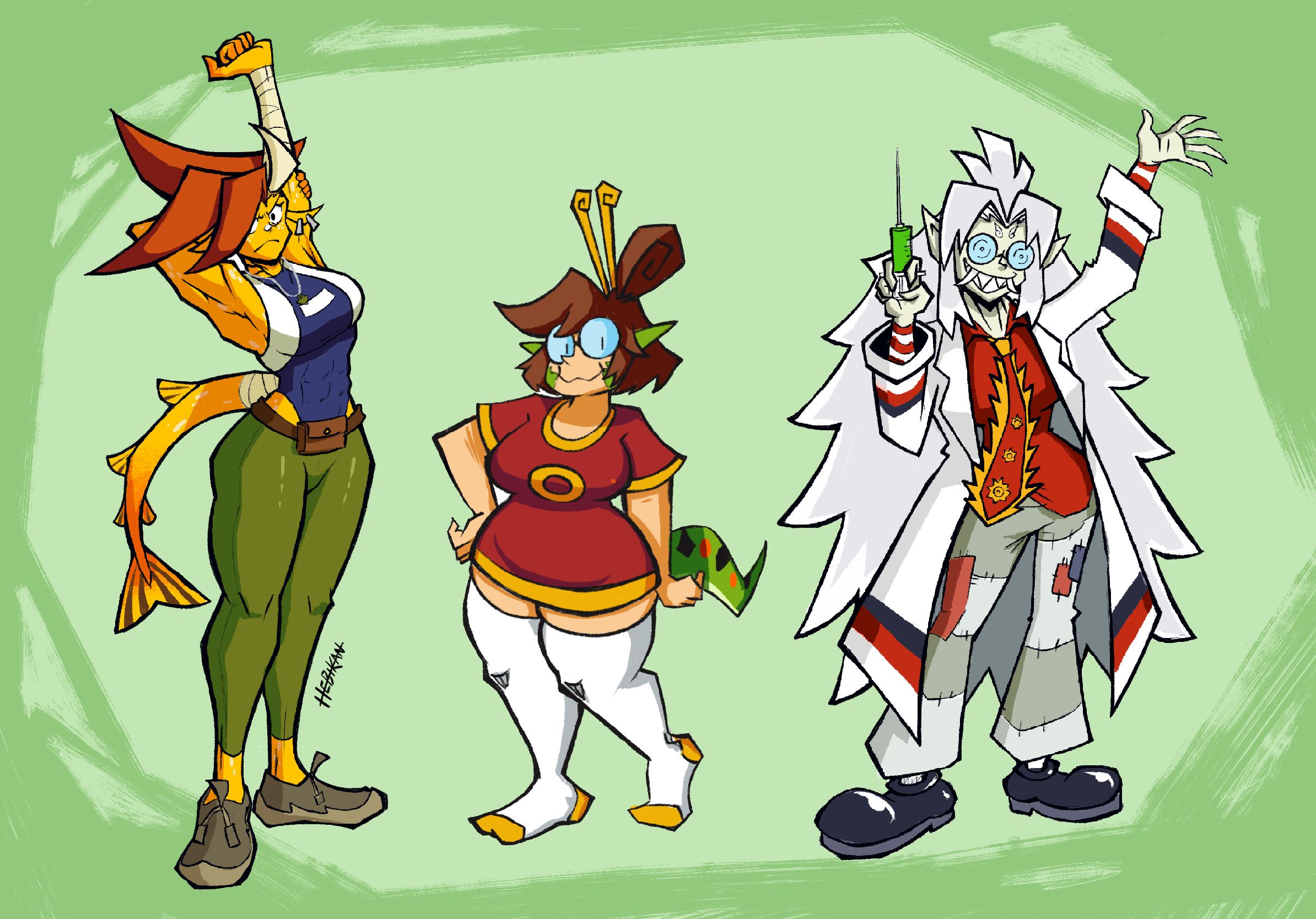 Drawings of my OCs. From left to right: Hana, Julie and Rangda