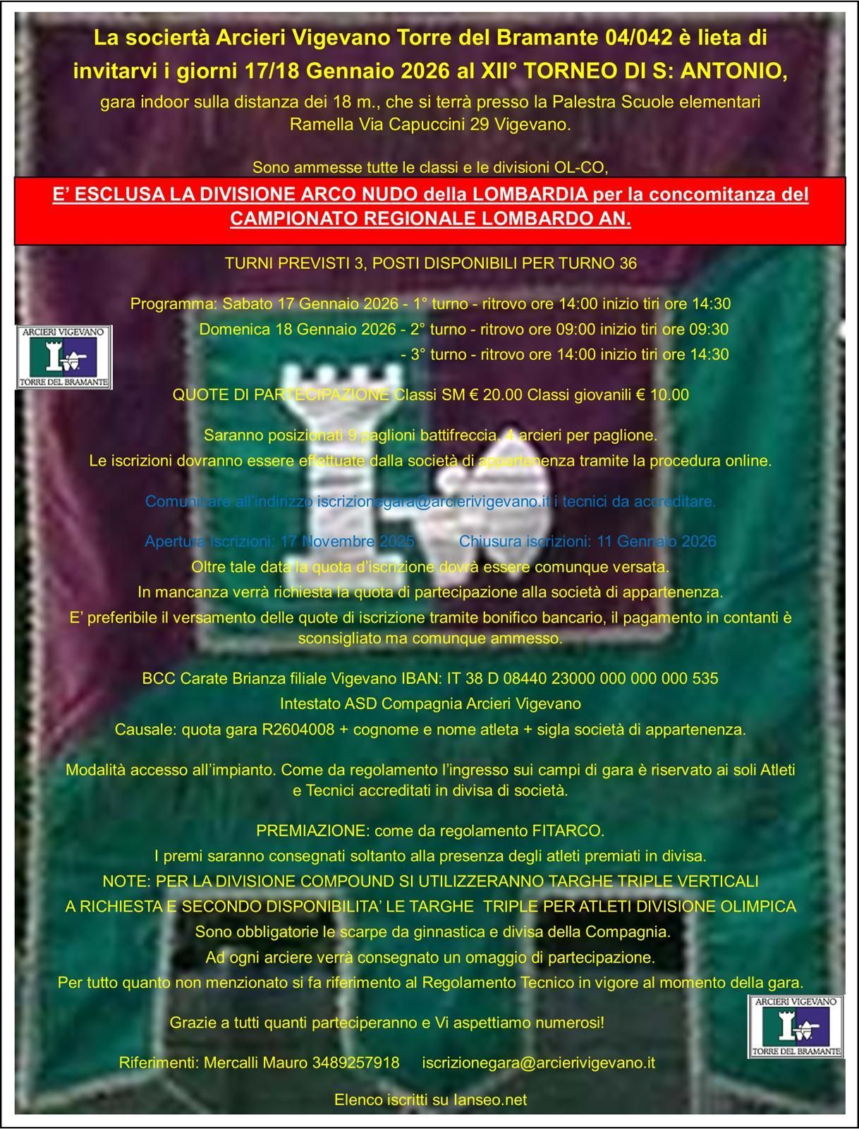 Locandina di una gara di tiro con l'arco con un wall of text allucinante scritto in giallo e con uno sfondo stile "bandiera medievale" verde e rossa e con una torre.