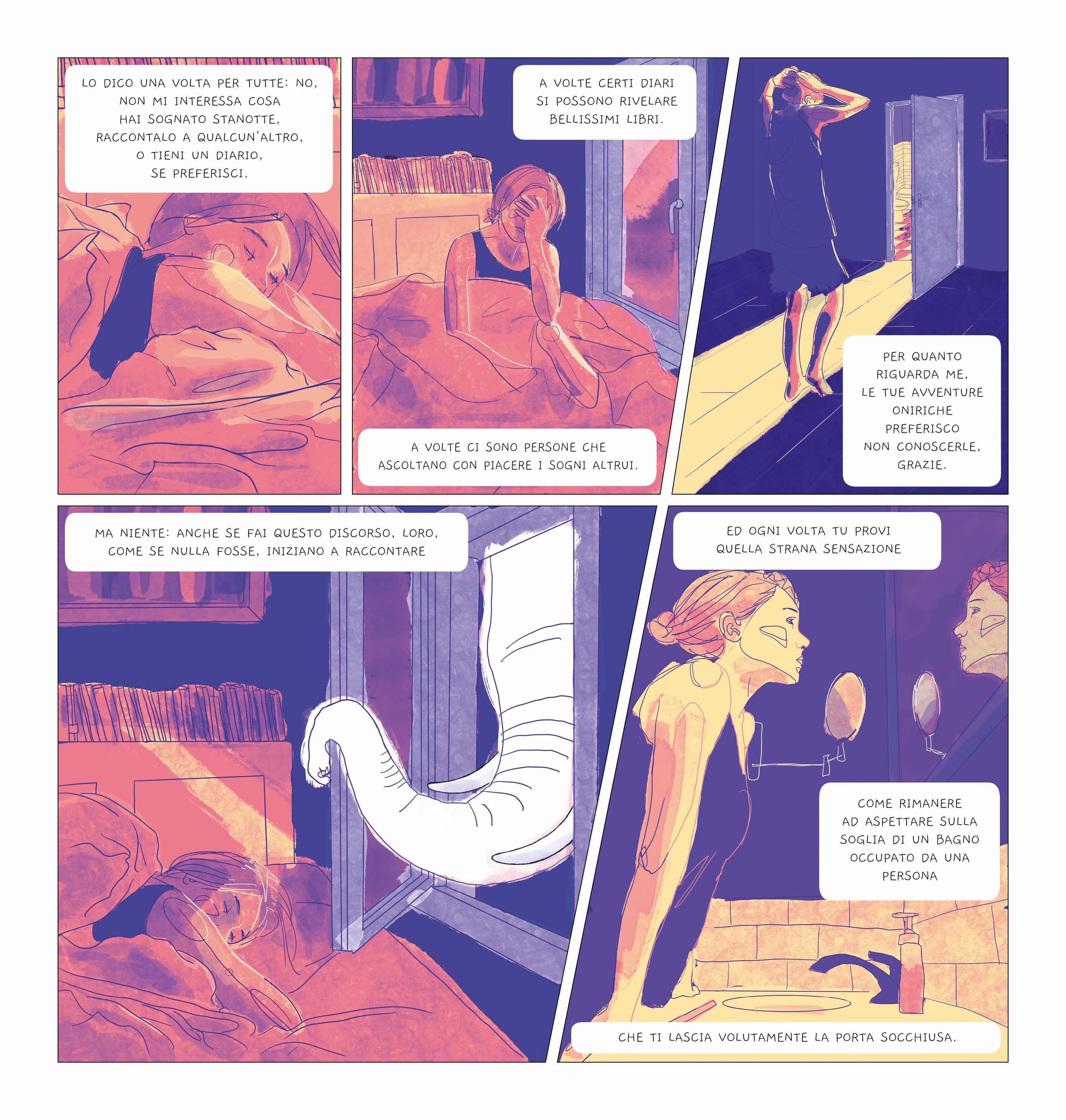Tavola 1/1 in cui é raffigurata la scena di una donna che si sveglia e riflette fra sé che detesta quando le persone le confidano i loro sogni, essendo questi a volte fin troppo personali
