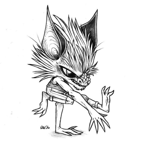 An ink drawing of a goblin-like creature with bat-like face and ears, they are balancing on one hand, looking fierce.