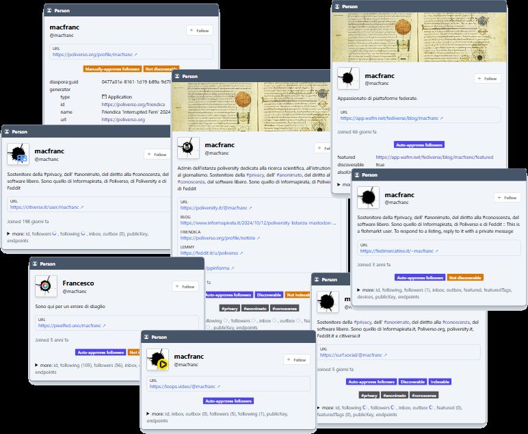Diversi account di macfranc che appartengono a piattaforme diverse ma visti tutti da BrowserPub