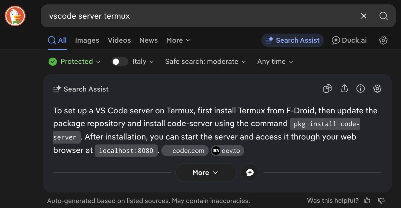 ricerca per "vscode server termux"

Risposta IA:
To set up a VS Code server on Termux, first install Termux from F-Droid, then update the package repository and install code-server using the command pkg install code-server. After installation, you can start the server and access it through your web browser at localhost:8080. coder.com dev.to