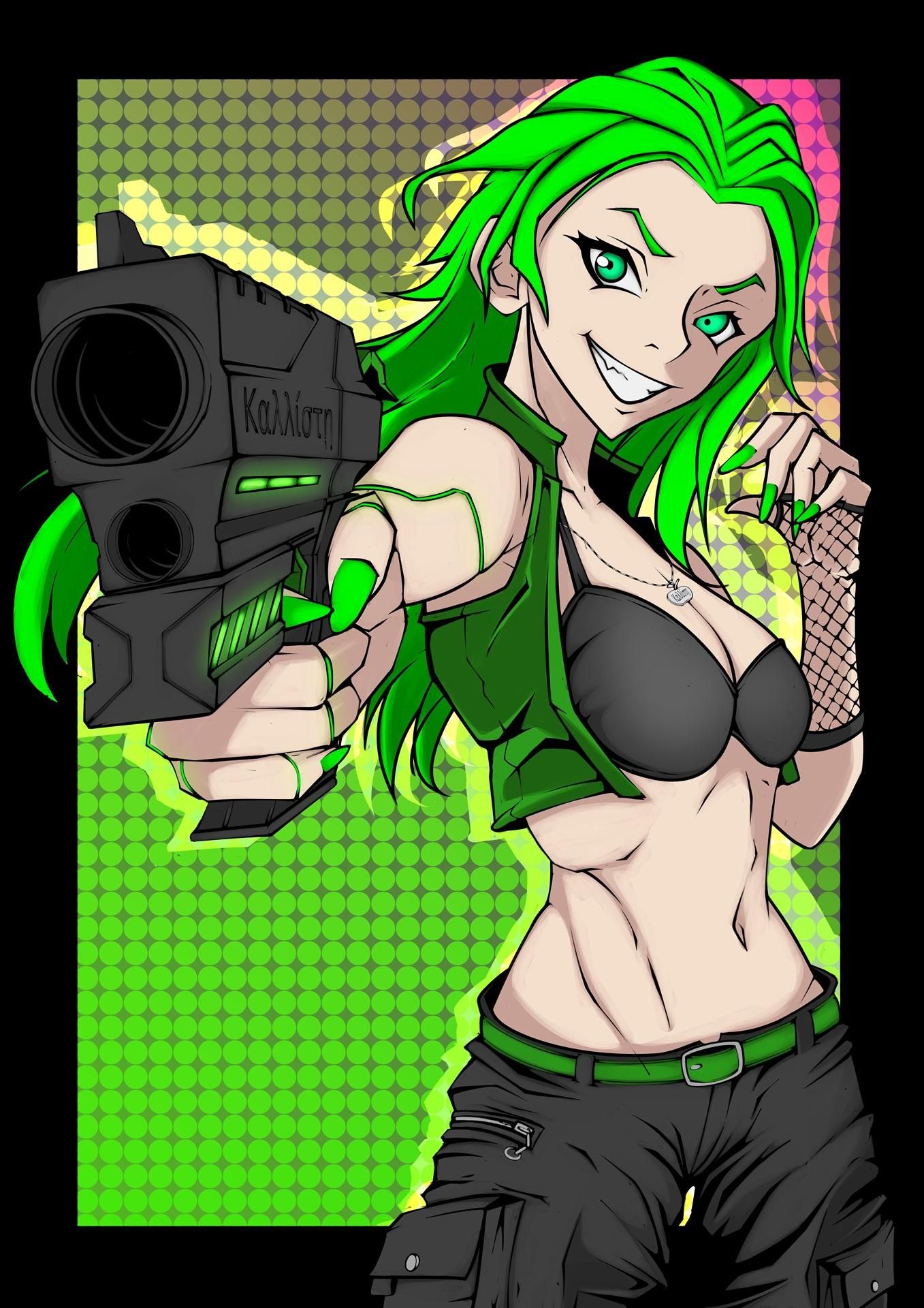 Drawing of a girl with green hair, holding a gun, pointing it forward.
She's grinning confidently.