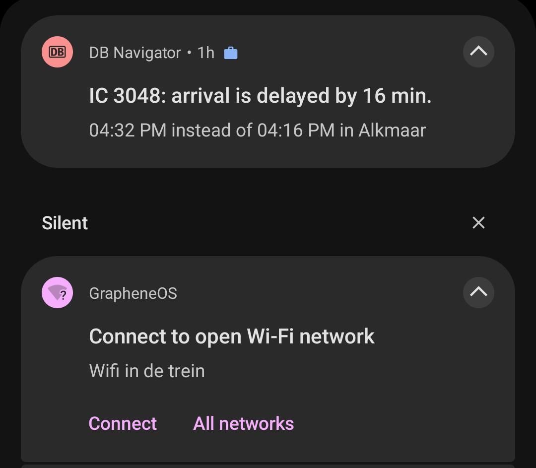 two notifications, one by DN navigator saying my arrival in Alkmaar is delayed by 16 minutes. the other one is the open dutch train wifi called Wifi in de trein