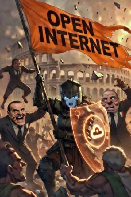 L'immagine allegata nel tweet riporta una scena generata dall'intelligenza artificiale in cui una mascotte di Cloudflare combatte per la Libertà