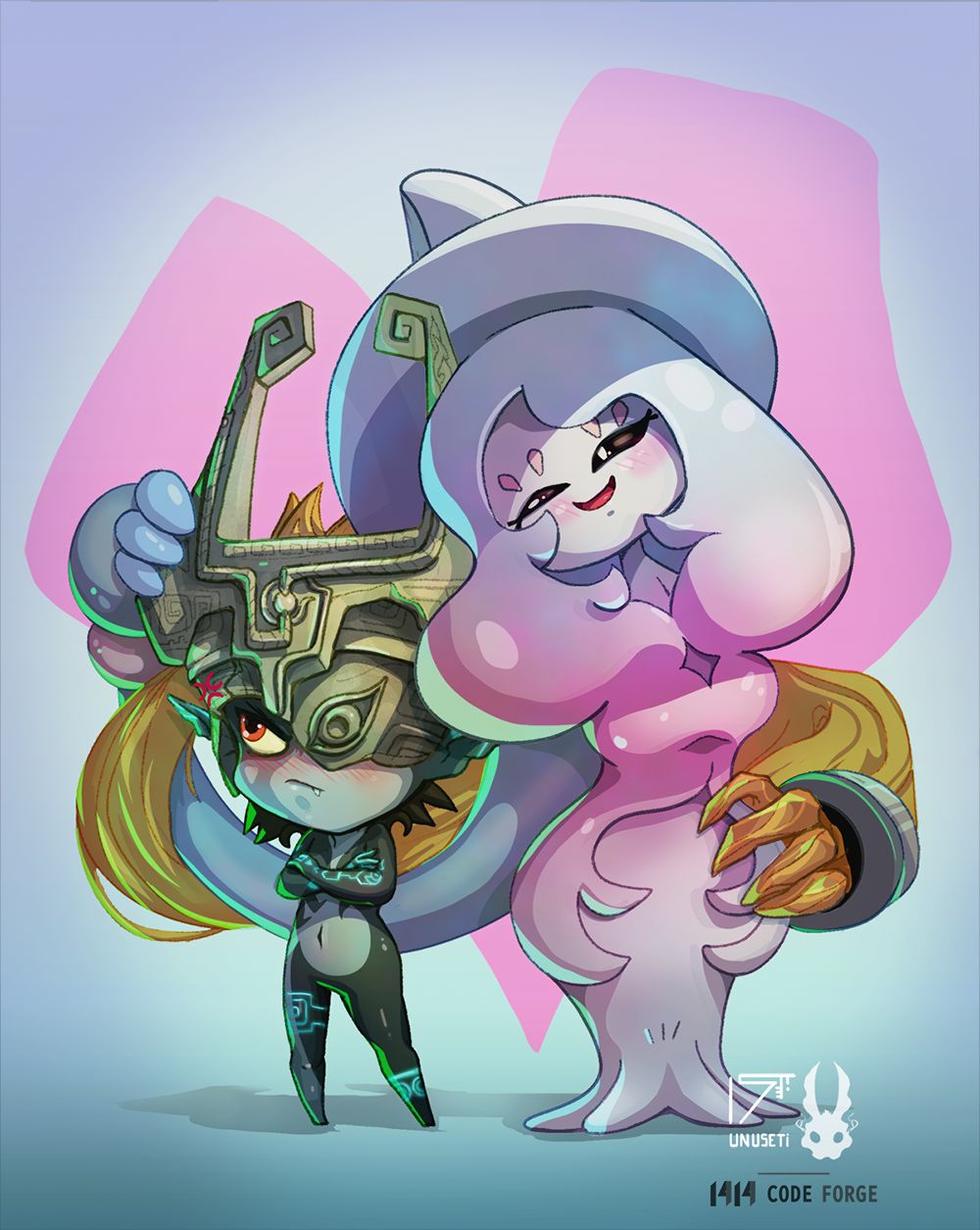 A tsundere imp-mode Midna from The Legend of Zelda: Twilight Princess and the Pokemon Hatterene, posing with their prehensile hair-arms around each other. Midna's arm-arms are folded and she's looking away, tsunderely.