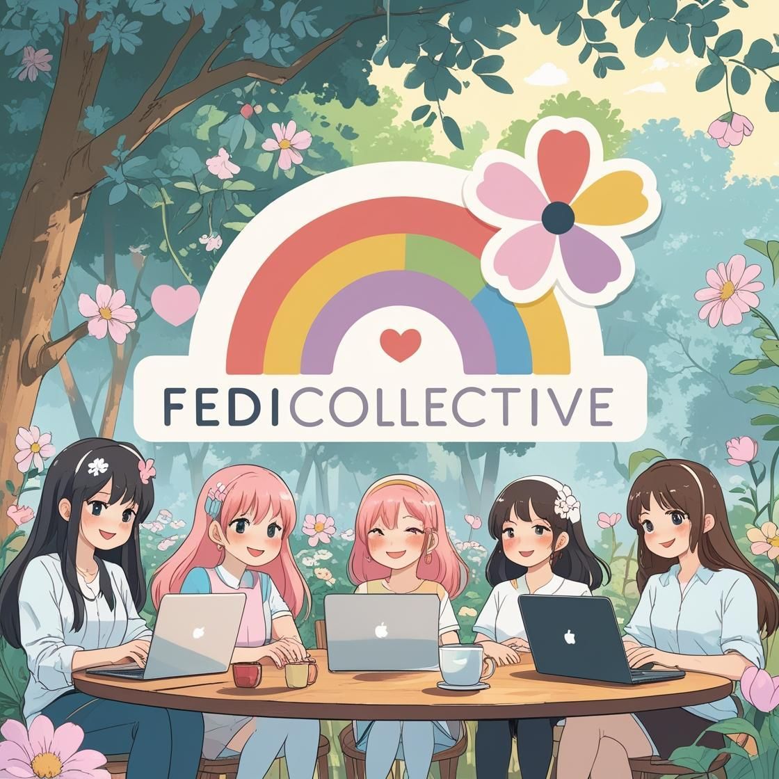 5 cute anime girls with 3 laptops on the desk, smiling at the camera. behind them are trees and flowers. there's a rainbow heart above them all, with flower and the words "fedicollective"