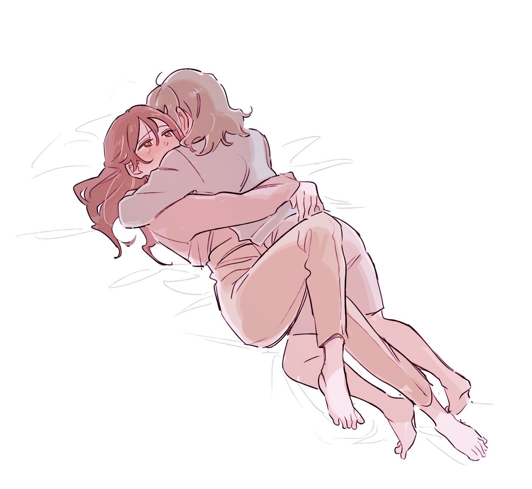 Danbooru tags: 2girls barefoot blush brown_pants commentary_request ear_blush full_body grey_hair grey_shirt grey_shorts highres hug korean_commentary long_hair long_sleeves love_live! love_live!_sunshine!! lying multiple_girls on_back pants pito_(sh02327) purple_shirt red_eyes red_hair sakurauchi_riko shirt shorts simple_background watanabe_you white_background yuri