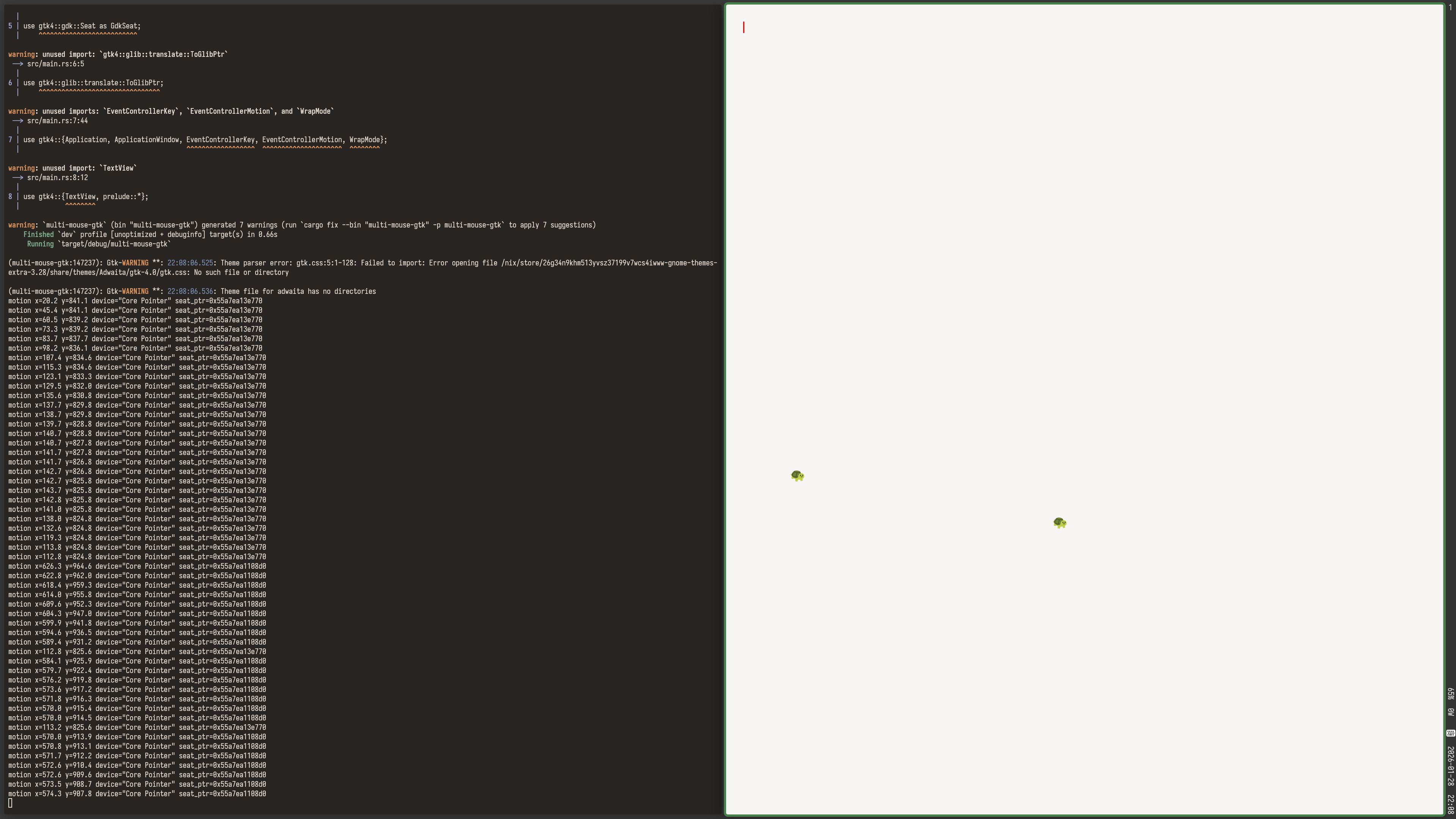 A white window, and log output, that again shows different "seat_ptrs".