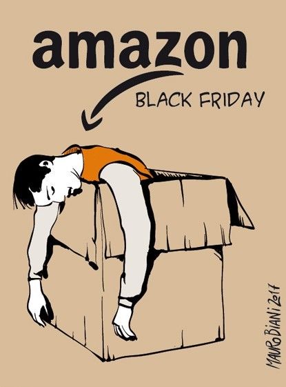 Vignetta con il logo di Amazon, la scritta "black friday" e un lavoratore esausto dentro un pacco