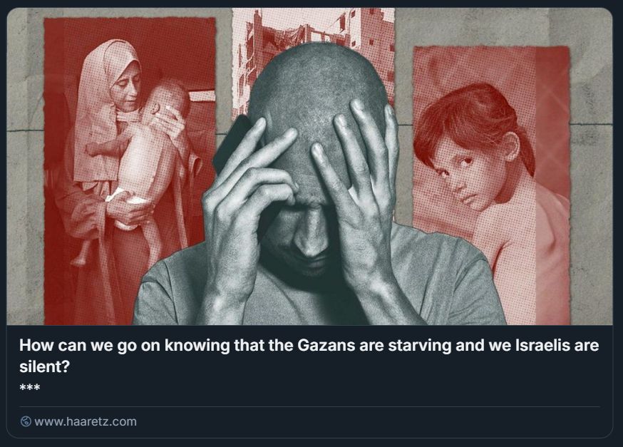 Nel potente screenshot tratto da Haaretz, un uomo si tiene la testa tra le mani, simbolo visivo di angoscia e impotenza. Sullo sfondo, due immagini in rosso evocano il dolore: una figura che abbraccia un bambino e un'altra con il capo chino, entrambe immerse in un’atmosfera di sofferenza. Il testo in basso interroga la coscienza collettiva: "How can we go on knowing that the Gazans are starving and we Israelis are silent?" — un grido che denuncia il silenzio complice di fronte alla crisi umanitaria a Gaza.