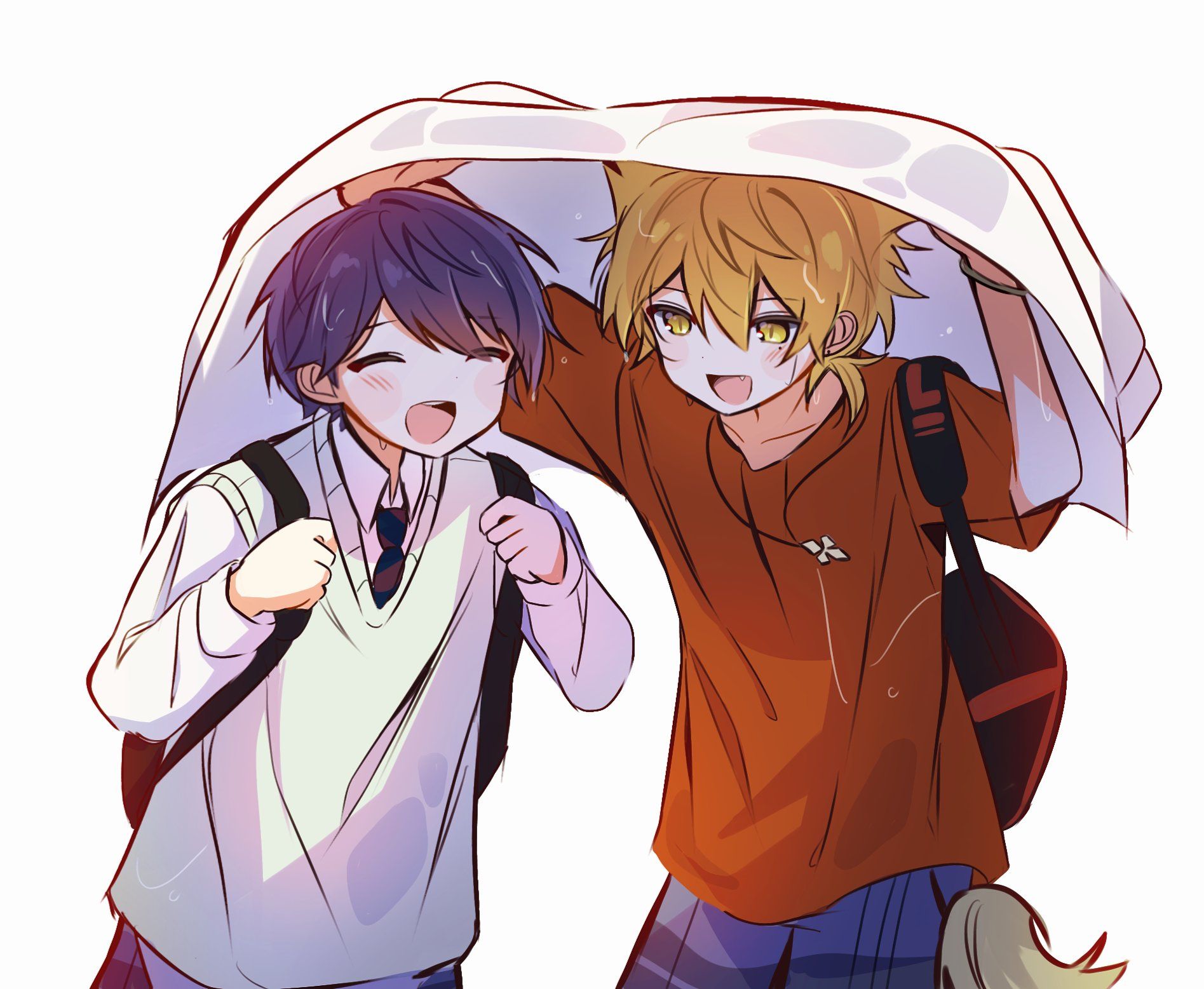 Anime boy and catboy hide from the rain
