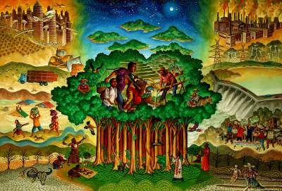 Painting by Federico 'Boy' Dominguez, Climate Change, 2017. From the Agrarian Conservation Gallery, Journal of Peasant Studies. 
A colourful, realist painting, with a group of trees in the middle, with indigenous people inside their crowns, farming, looking after the land, and good clean air and islands and stars and moon above Big cities and industrialisation and pollution on either side. 