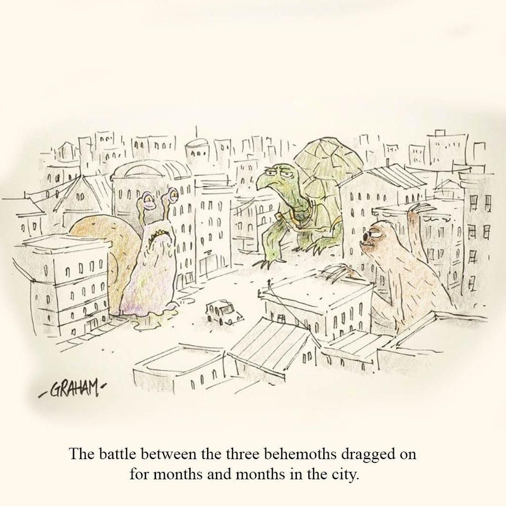 A cartoon illustration of giant sloth, turtle, and slug all slowly coming together to battle in a city. Caption reads "The battle between the three behemoths dragged on for months and months in the city."