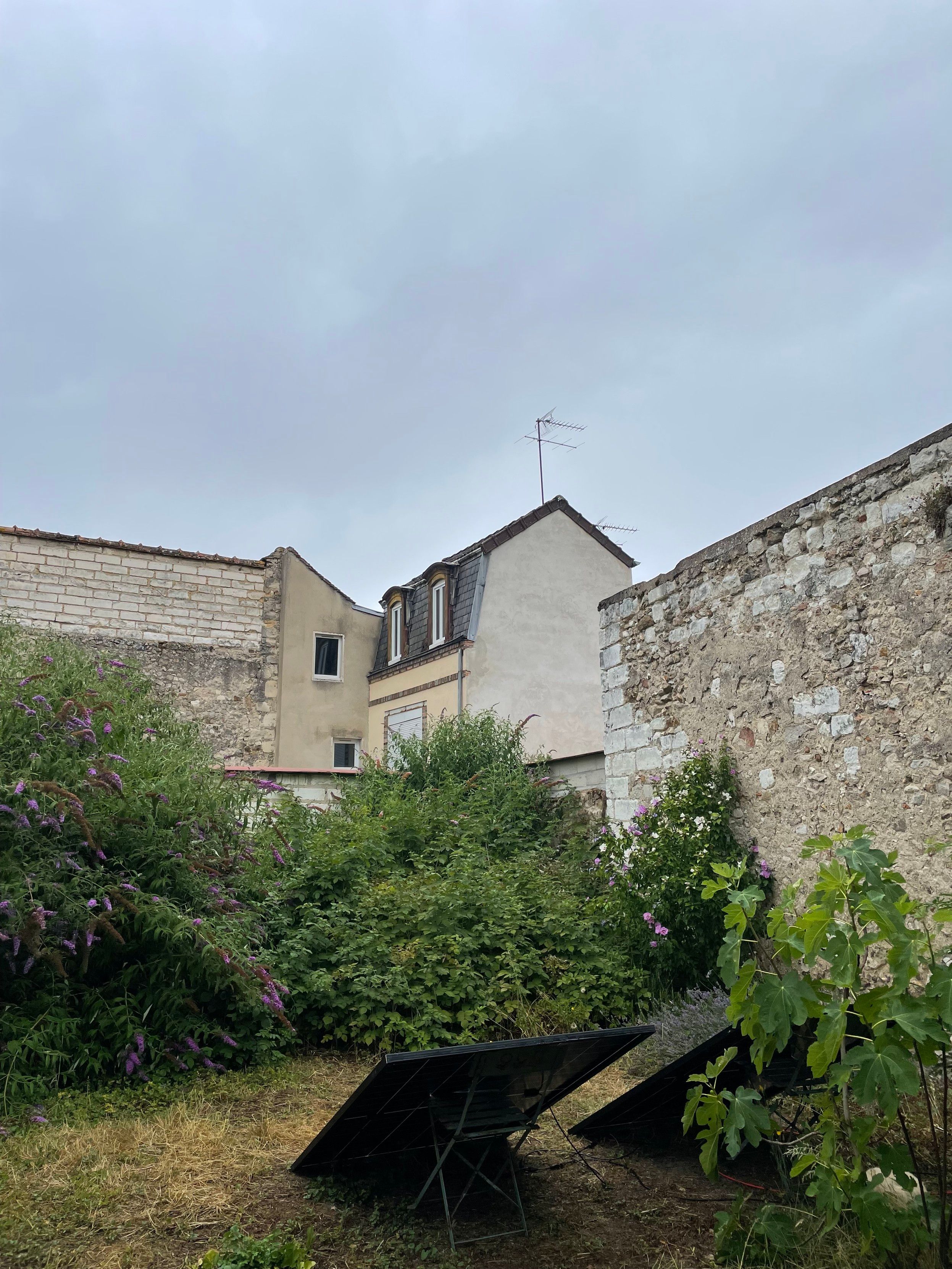 Photo of my two solar panels in the garden taken at noon, with hidden cat for size, along with the cloudy sky
