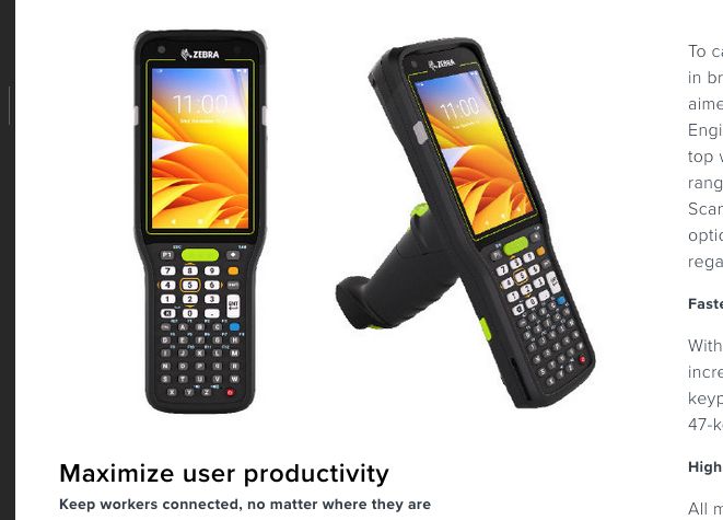 Picture of a "mobile compute unit", a device running android with a normal smartphone screen at the top, but a full keybard and numpad in physical buttons beneath, with a gun style grip for the integradted barcode scanner. Mainly intended for tracking items in warehouses and deleviery 
