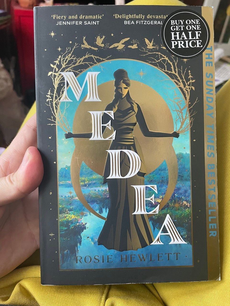 Medea. Tumman kannen keskellä hieman Mucchamainen sommitelma. Sinisen maiseman päällä pelkistetty, kaksisävyinen nainen myyteistä tutun tyylisessä pitkässä lähes hihattomassa mekossa. Naisen kädet on ojennettu sivuille kyynerpäistä, kiinni puristetuista nyrkeistä pursuaa oksia, piikkiköynnöksiä ja muutama yrtti. Yhdistyvät lentävien lintujen jatkamana kaareksi naisen, hieman alaviistoon katsovan pään ja sinisen taustan yläpuolelle. Kullankimaltavia yksityiskohtia.