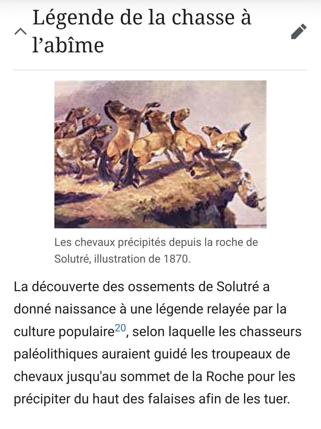 Deux captures de la sous partie Légende de la chasse à  l'abîme de la page wikipedia sur le cheval de solutré