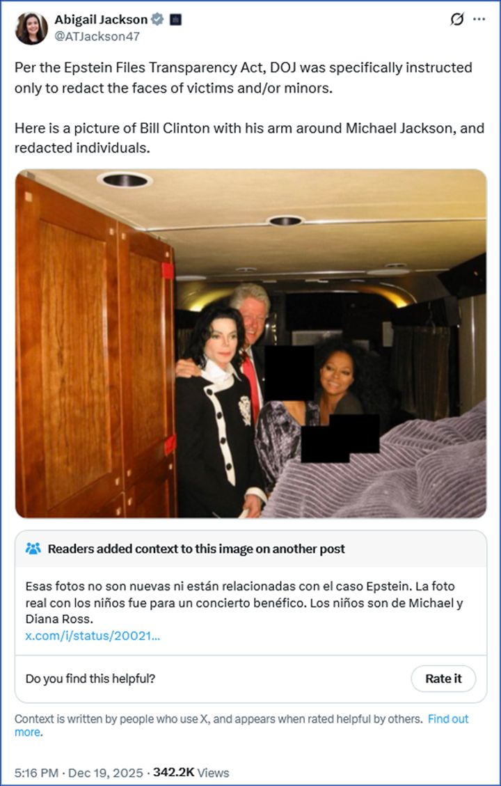 Tweet by Abigail Jackson @ATJackson47
Per the Epstein Files Transparency Act, DOJ was specifically instructed only to redact the faces of victims and/or minors.

Here is a picture of Bill Clinton with his arm around Michael Jackson, and redacted individuals.