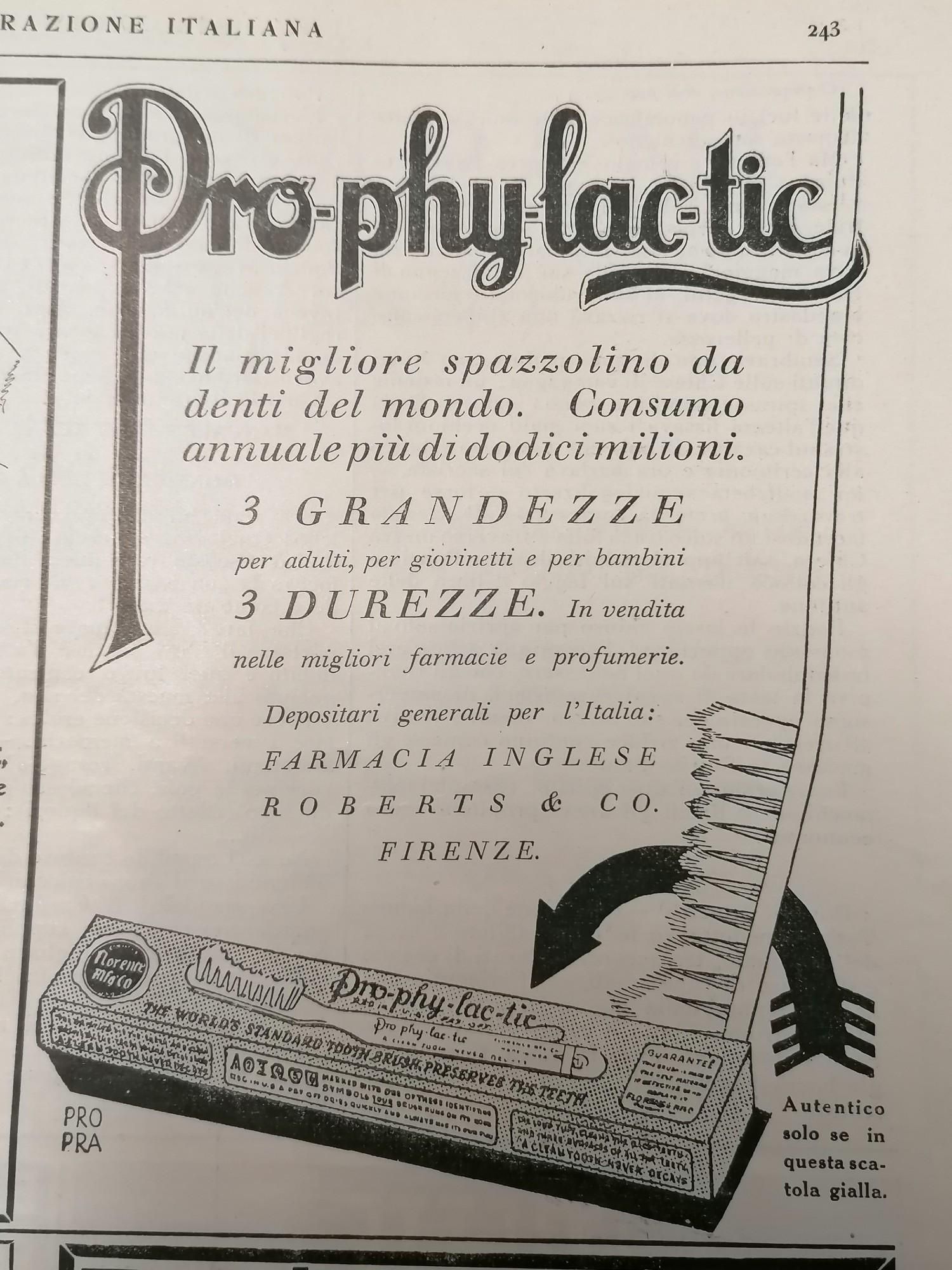 Pubblicità, su l'illustrazione italiana del 1924, dello spazzolino da denti Pro-phy-lac-tic
