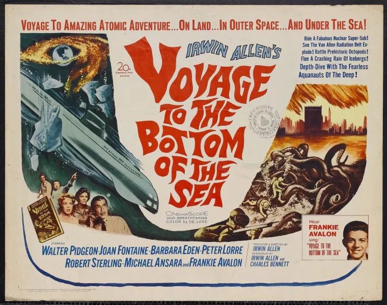 In the Voyage to the Bottom of the Sea movie poster from 1961, the title takes up the centre third.  On the right there is an image of a large atomic powered submarine diving with an inset image of the principal cast and the cover of the original book.  On the left? A giant squid is shown in conflict with a diver against the image of an urban shoreline.