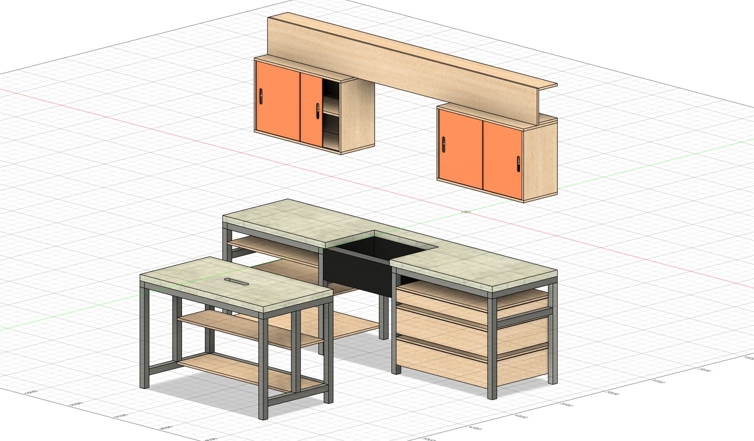 3D drawing of cabinets and countertops in Fusion. Plywood wall cabinets with acrylic sliding doors, steel square frame countertop bases with plywood cabinets and shelves and pour-in-place concrete countertops. 