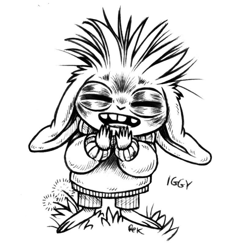 an ink drawing featuring a humanoid rabbit named Iggy. Iggy has their hands up to their mouth, they are laughing with their eyes closed. They are wearing a hunky sweater and striped pants. Their ears are lying down, and the hair atop their head is very wild..