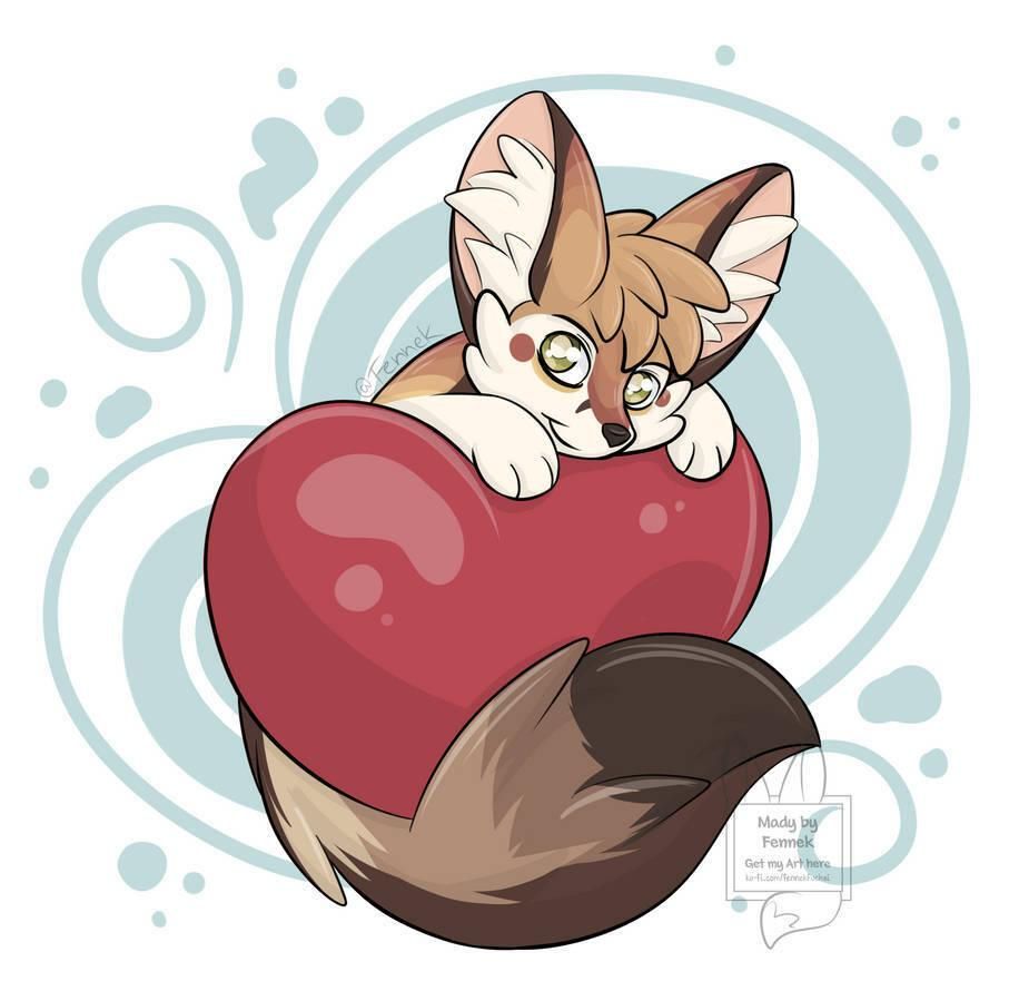 A Fennec Fox on a big red heart. The Tail is around the heart. The Background are just some random round turquoise lines