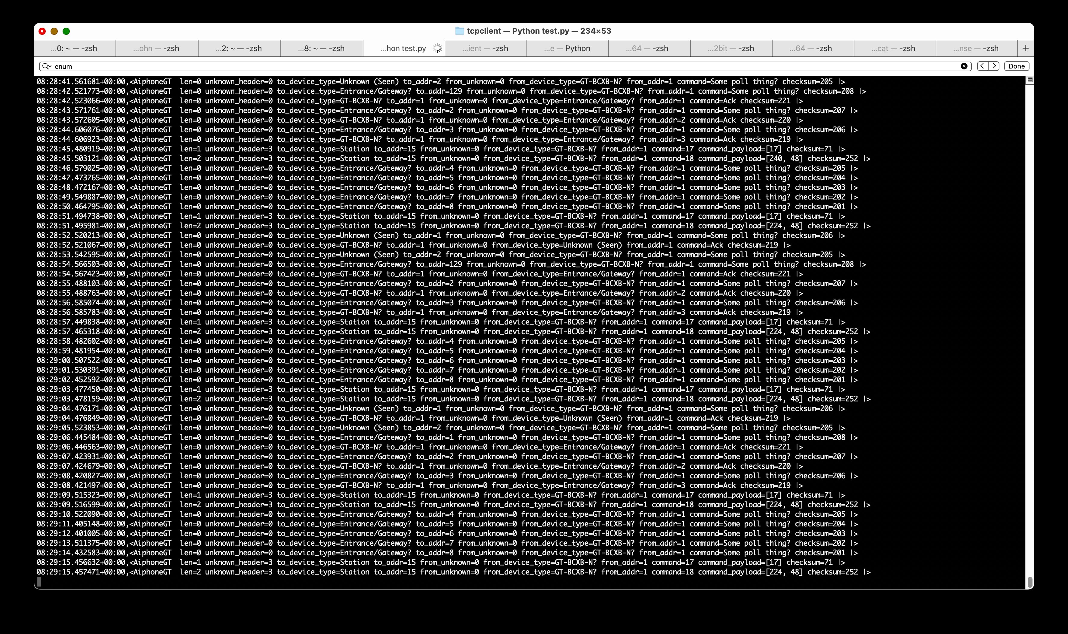 screenshot of terminal showing several log lines of partially decoded packets