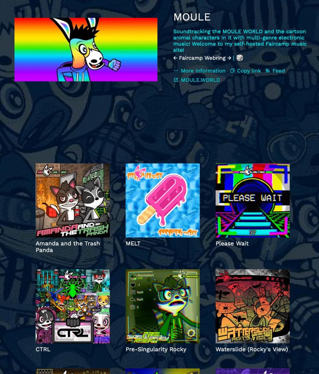 Screenshot of my Faircamp page.

Like my Bandcamp page, it shows a lot of the colourful anthropomorphic cartoon animal characters of MOULE WORLD in the cover artworks, and their faces in a collage in a navy-blue-tinted background this time.