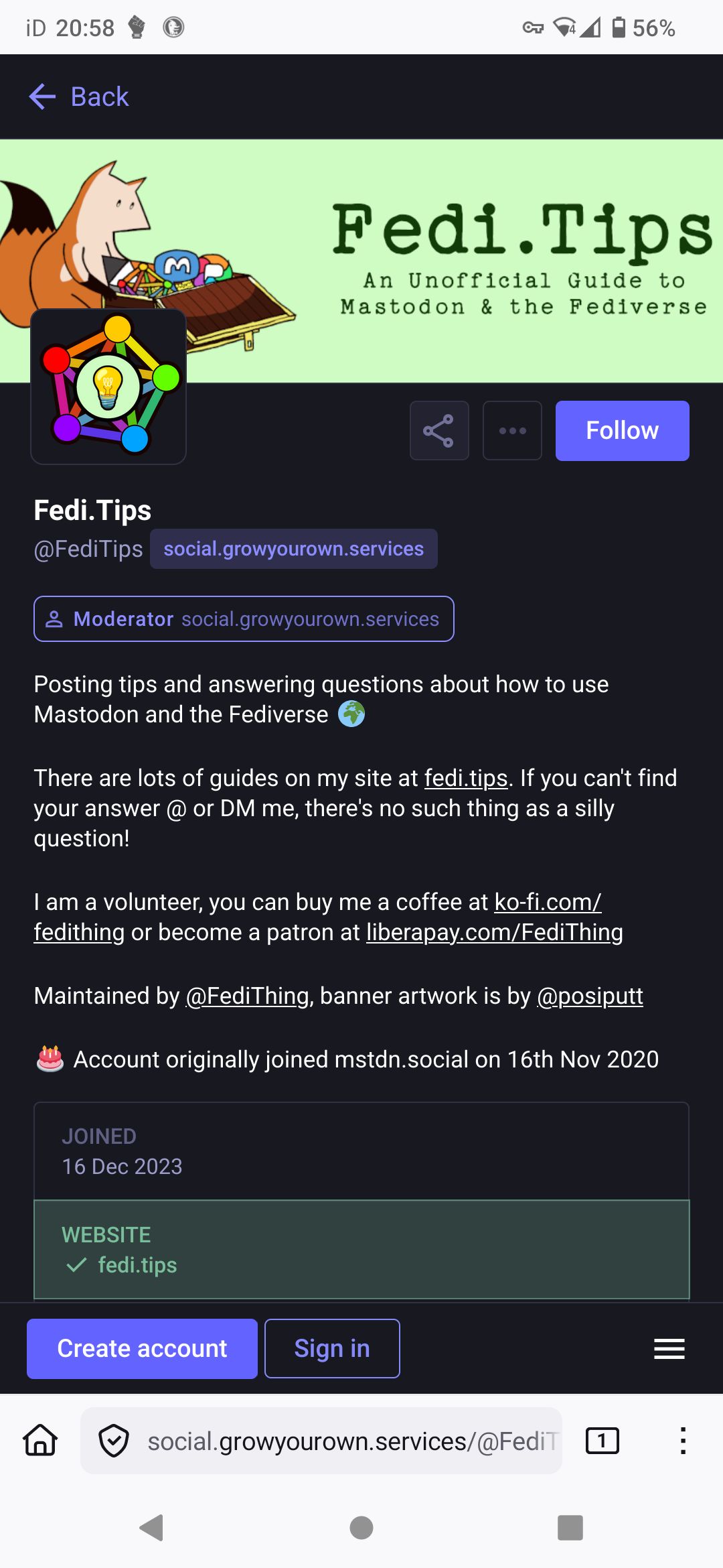 Screenshot of the FediTips Mastodon page
