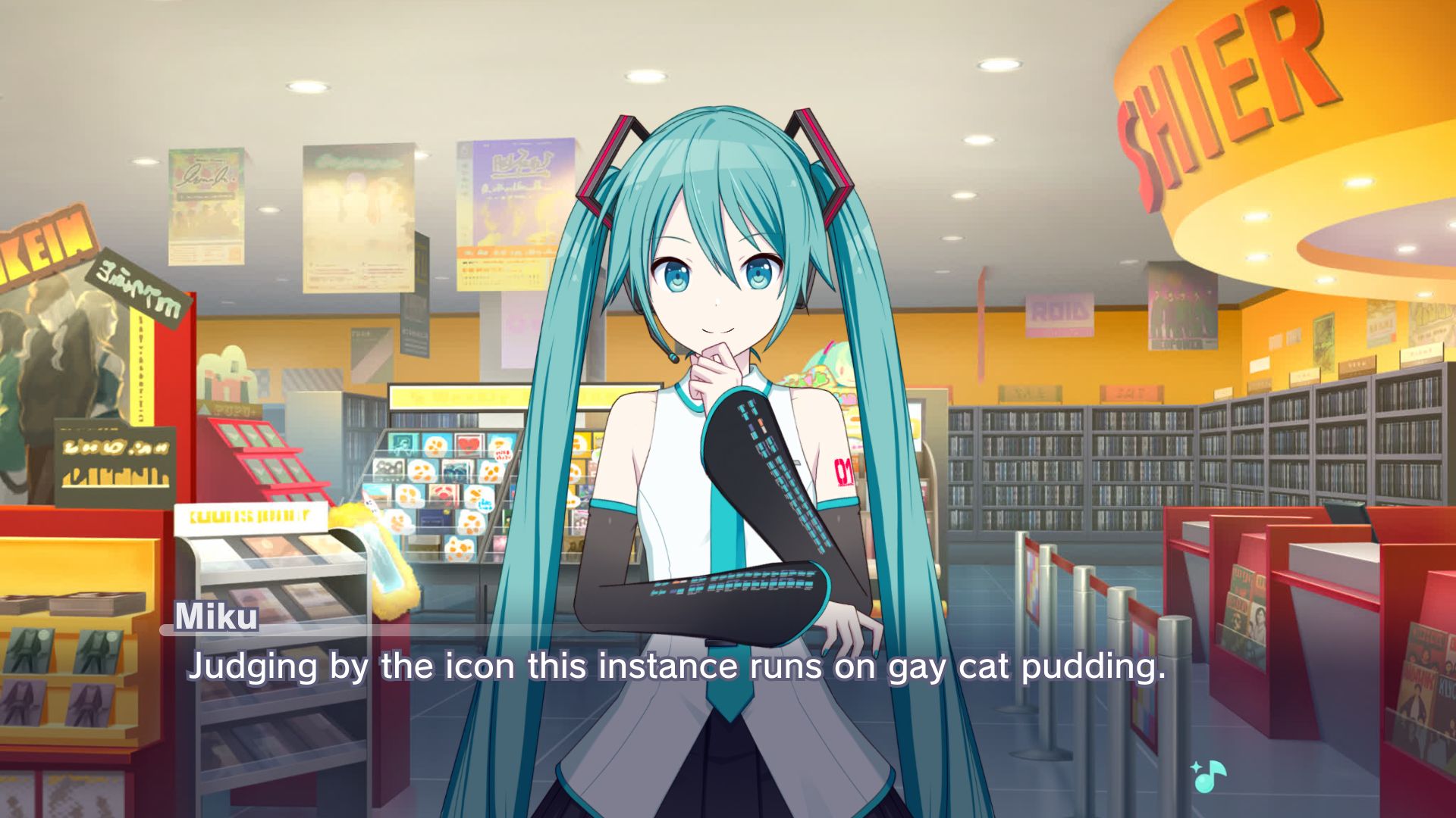 Made from Project Sekai's story board, in a music store, Hatsune Miku says "Judging by the icon this instance runs on gay cat pudding."