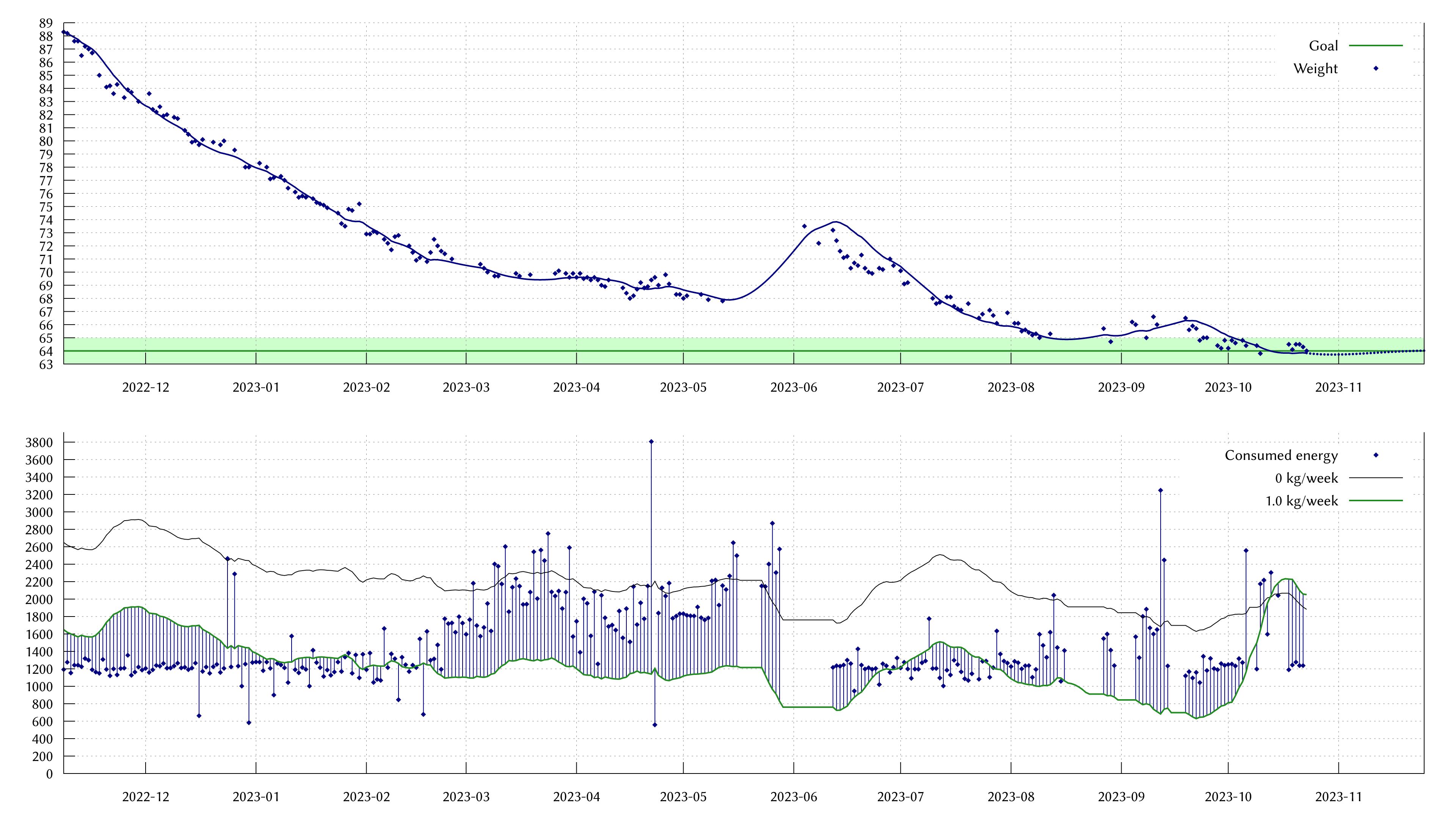A graph of my weight. Over the past month, I've slowly approached 64 kg.
