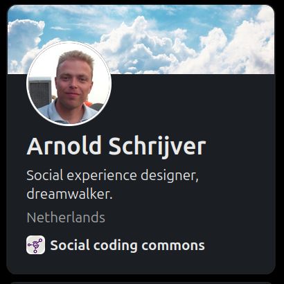 Profile card with 2 dream jobs I pursue under the banner of Social coding commons: Social experience designer and dreamwalker respectively. My hobby is dreamer.