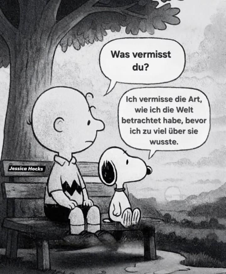 Charlie Brown und Snoopy sitzen auf einer Bank unter einem Baum und unterhalten sich nachdenklich.

Charlie Brown and Snoopy are sitting on a bench under a tree, talking thoughtfully.


Charlie Brown: "Was vermisst du?"
Snoopy: "Ich vermisse die Art, wie ich die Welt betrachtet habe, bevor ich zu viel über sie wusste."

Charlie Brown: "What are you missing?"
Snoopy: "I miss the way I looked at the world before I knew too much about it."