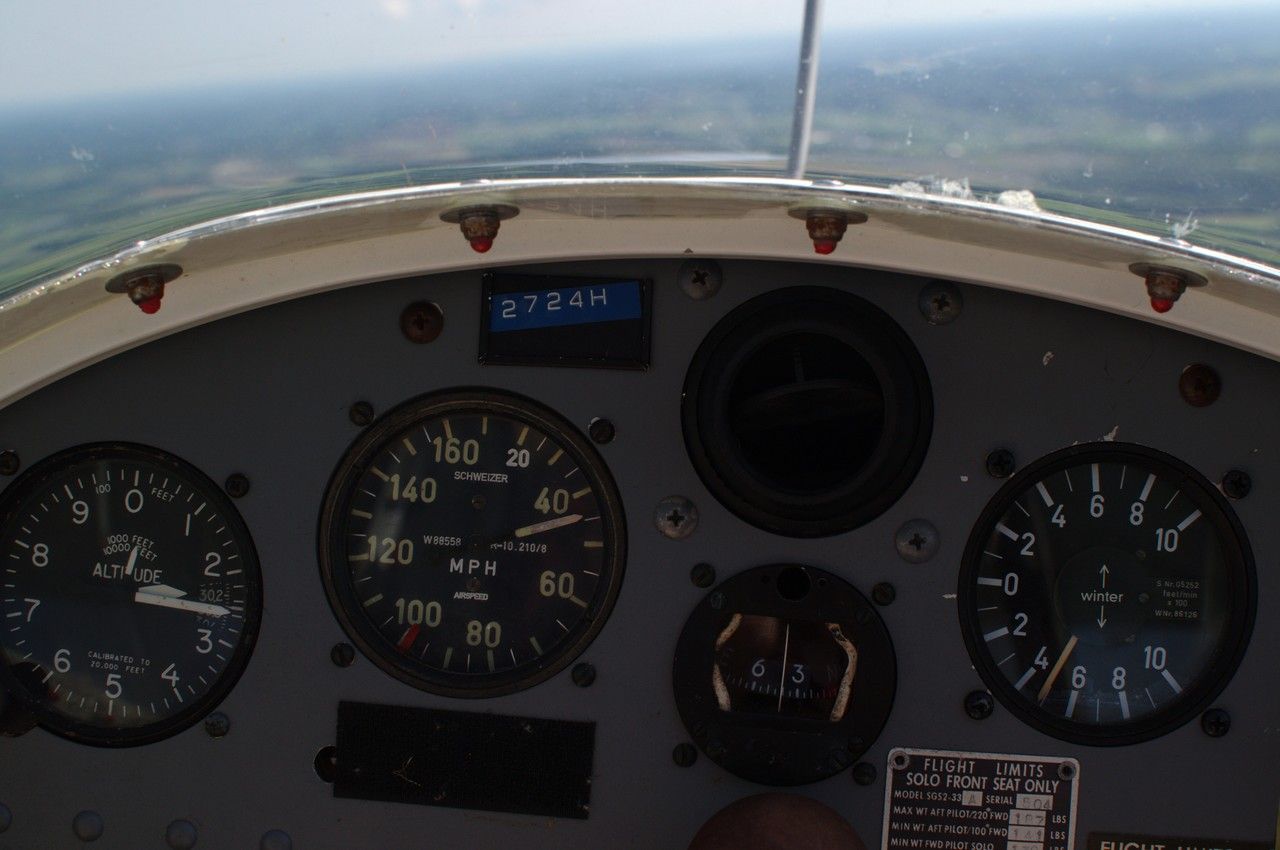 The instruments inside glider N2724H. From left to right: altimiter, airspeed indicator (in MPH), compass, and variometer. The brown knob below the compass is the towline release lever.