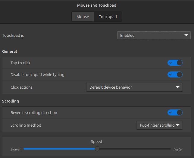 Screenshot of Linux Mint's "Mouse and Touchpad" settings.