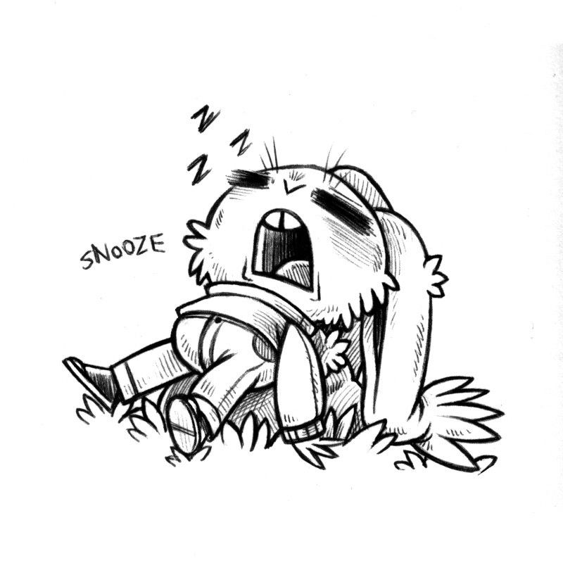an ink drawing of a humanoid rabit named Snooze, that is laying back on a mossy rock and sleeping, snoring loudly.