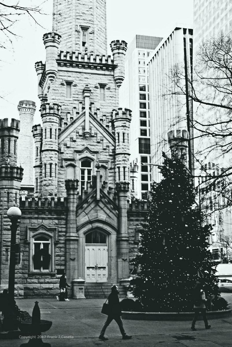 A black and white photograph of people walking through water tower park in Chicago Illinois at Christmas time.