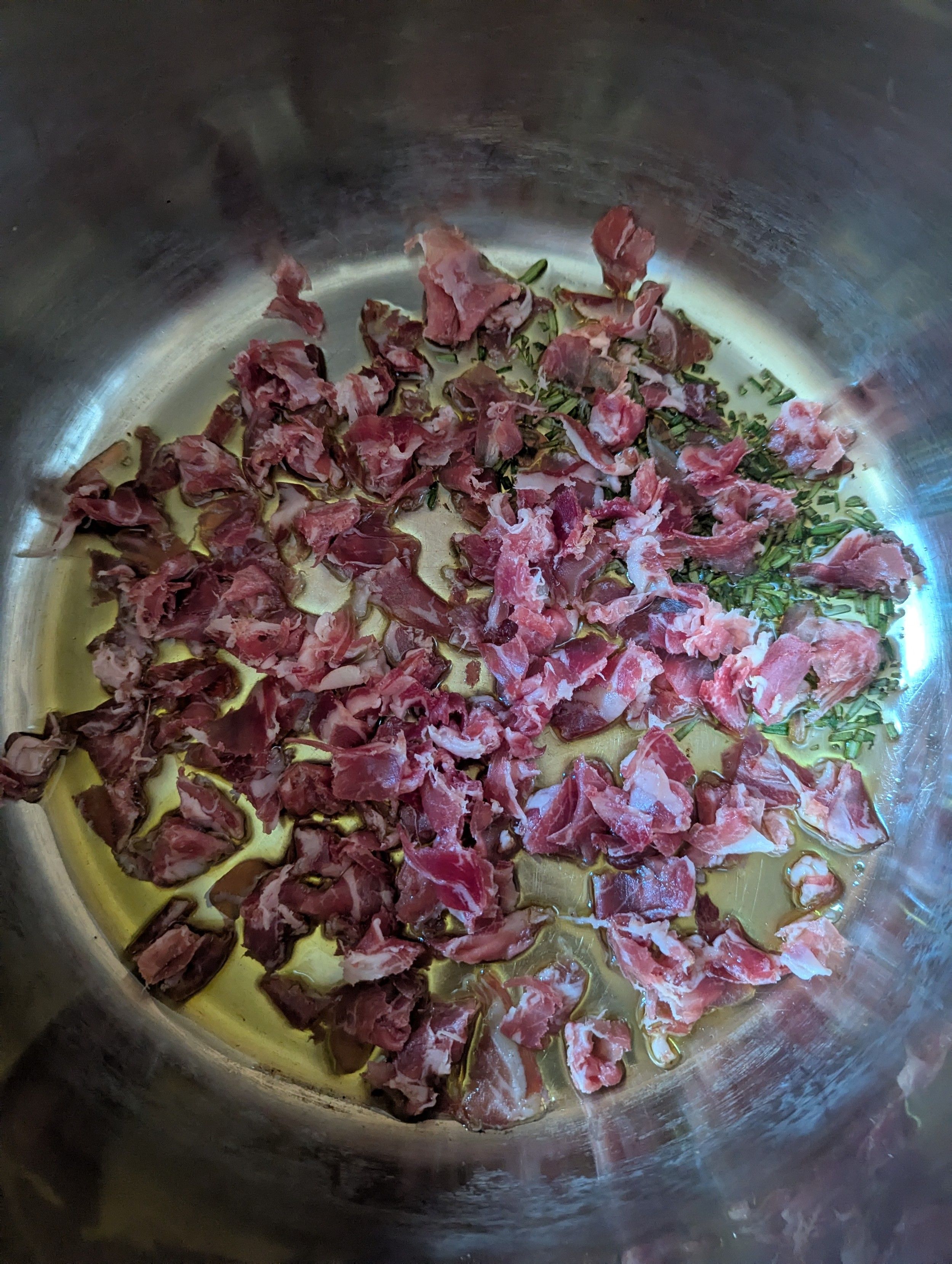 And so it begins. Olive oil, parsley and pancetta substitute 