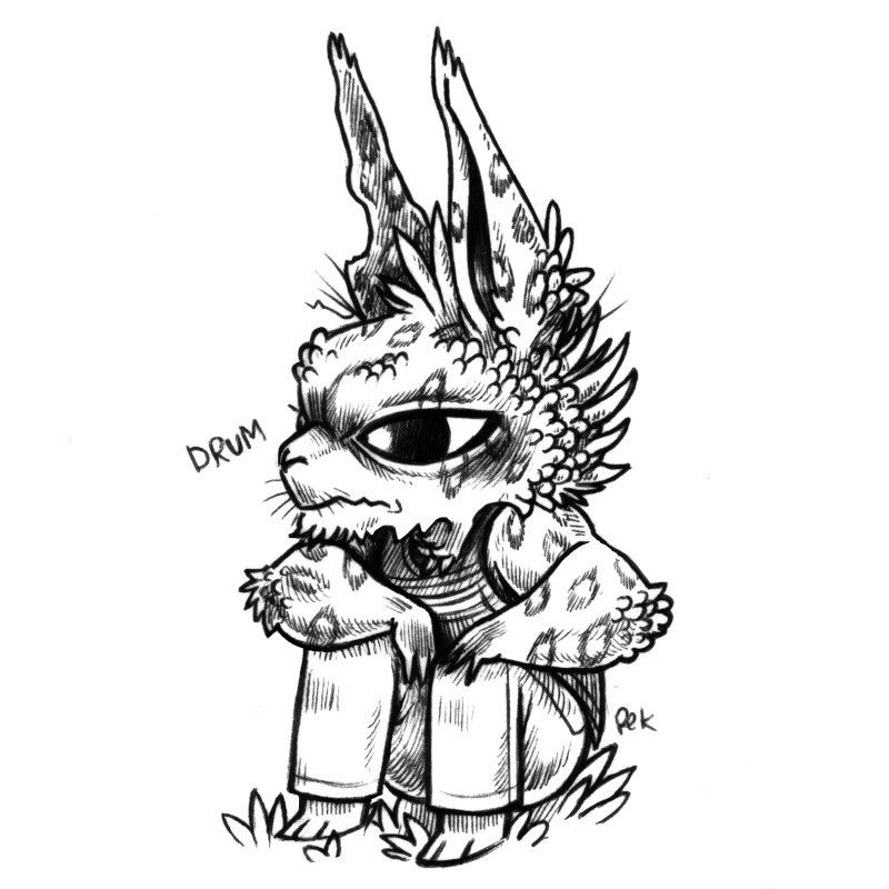 A drawing of a humanoid rabbit named Drum, sitting on the ground, looking ahead.