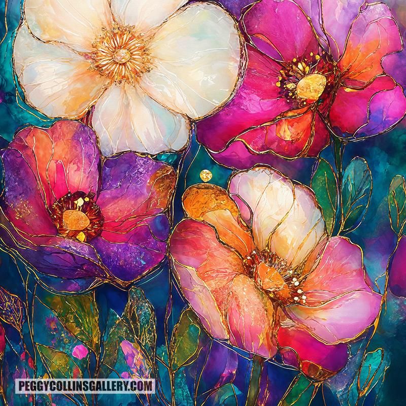 Colorful artwork of four vibrant flowers, by artist Peggy Collins.