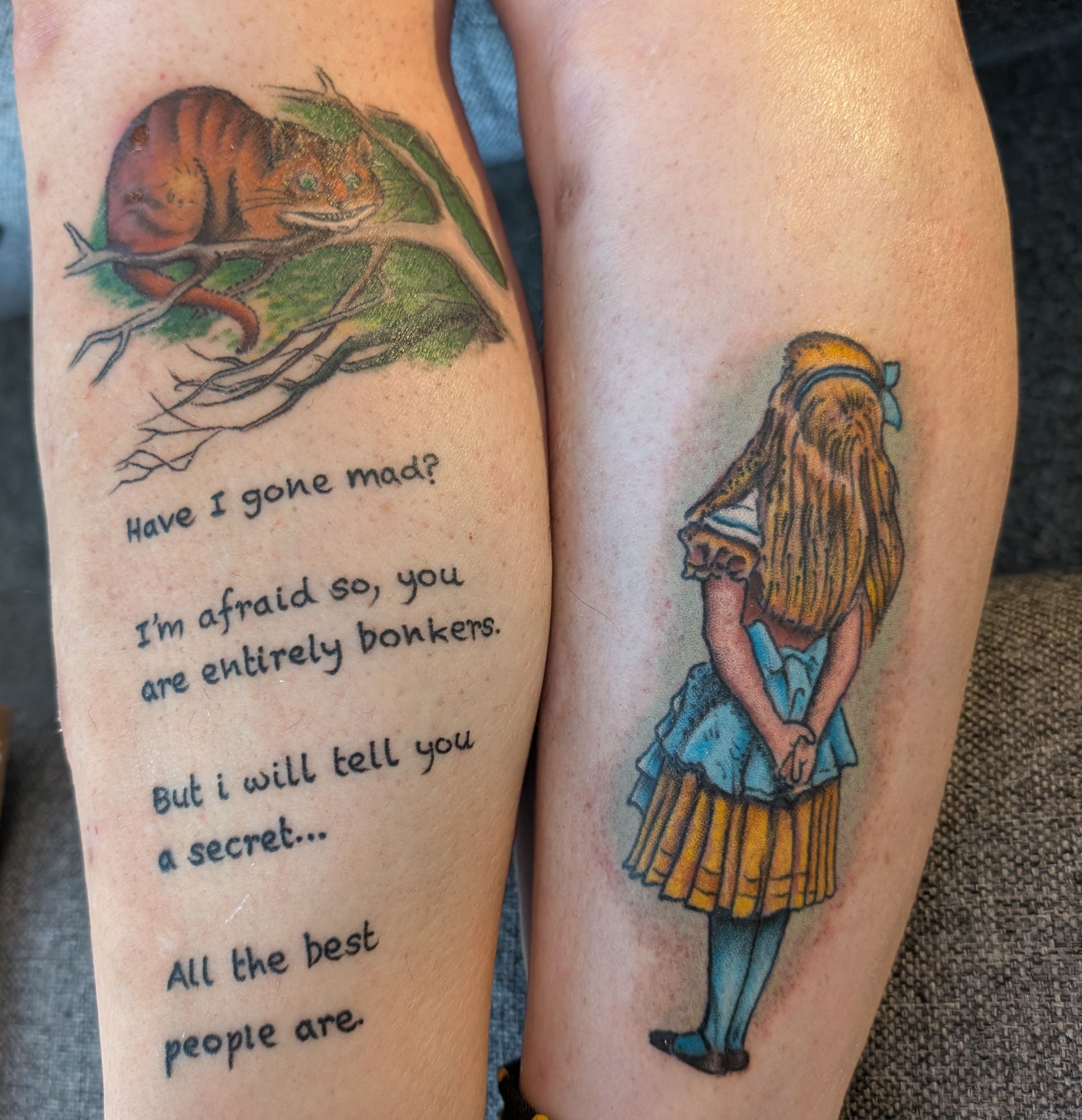 Tattoo picture - a pair of legs - on the left one there is the Cheshire Cat and writing, and on the other one, is Alice talking to the cat. Details in the other pictures.