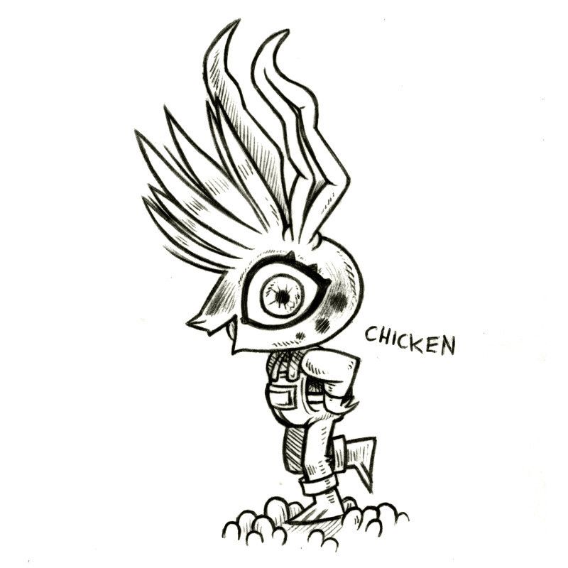 an ink drawing of a humanoid rabbit named Chicken, who is posing like they are doing a chicken dance. Chicken has very tall bangs and dented ears, they are wearing overalls.